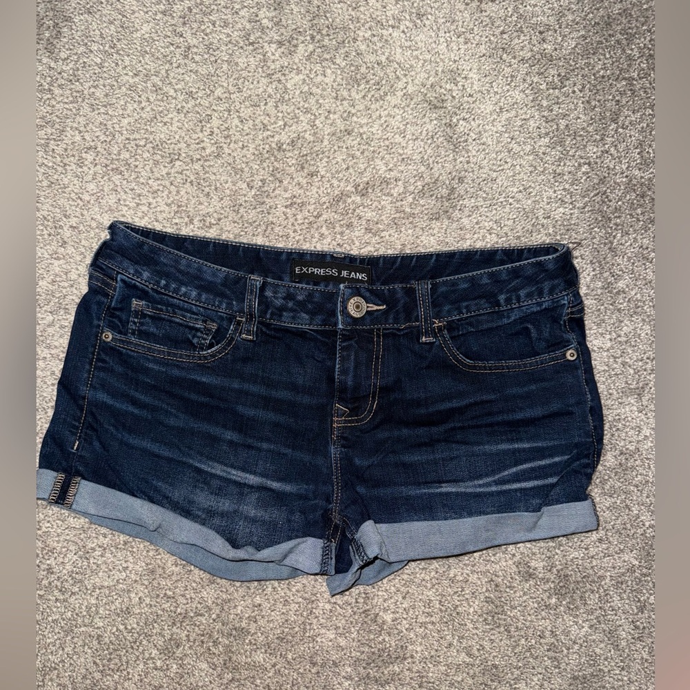 Express Dark Wash Rolled Hem Jean Shorts